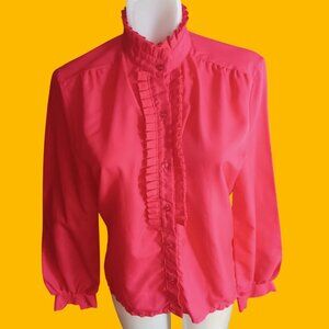 Vintage Small Womens Ruffle Top 1980's Alice Stuart Blouse High Neck Secretary